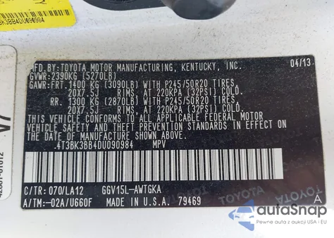 2013 Toyota Venza Xle V6 z USA, uszkodzony, nr VIN 4T3BK3BB4DU090984